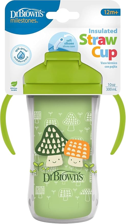 Dr. Brown’s Milestones Insulated Sippy Cup with Straw and Handles, Green Mushrooms, Spill-Proof Tumbler with Lid, 10 oz/300 mL, BPA Free, 12m+. - Adenzo Comfies