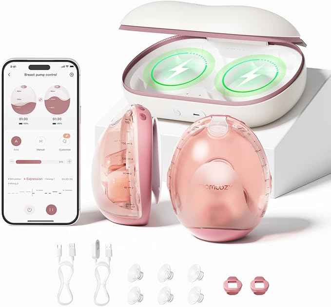 Momcozy Air 1 Wearable Breast Pump, Ultra-Slim Hands-Free Breast Pump with Wireless Charging Case, Top-View Visible, App Control, Auto Mode Switching, Milk Tracking & Full-Collector Alerts, 6oz - Adenzo Comfies