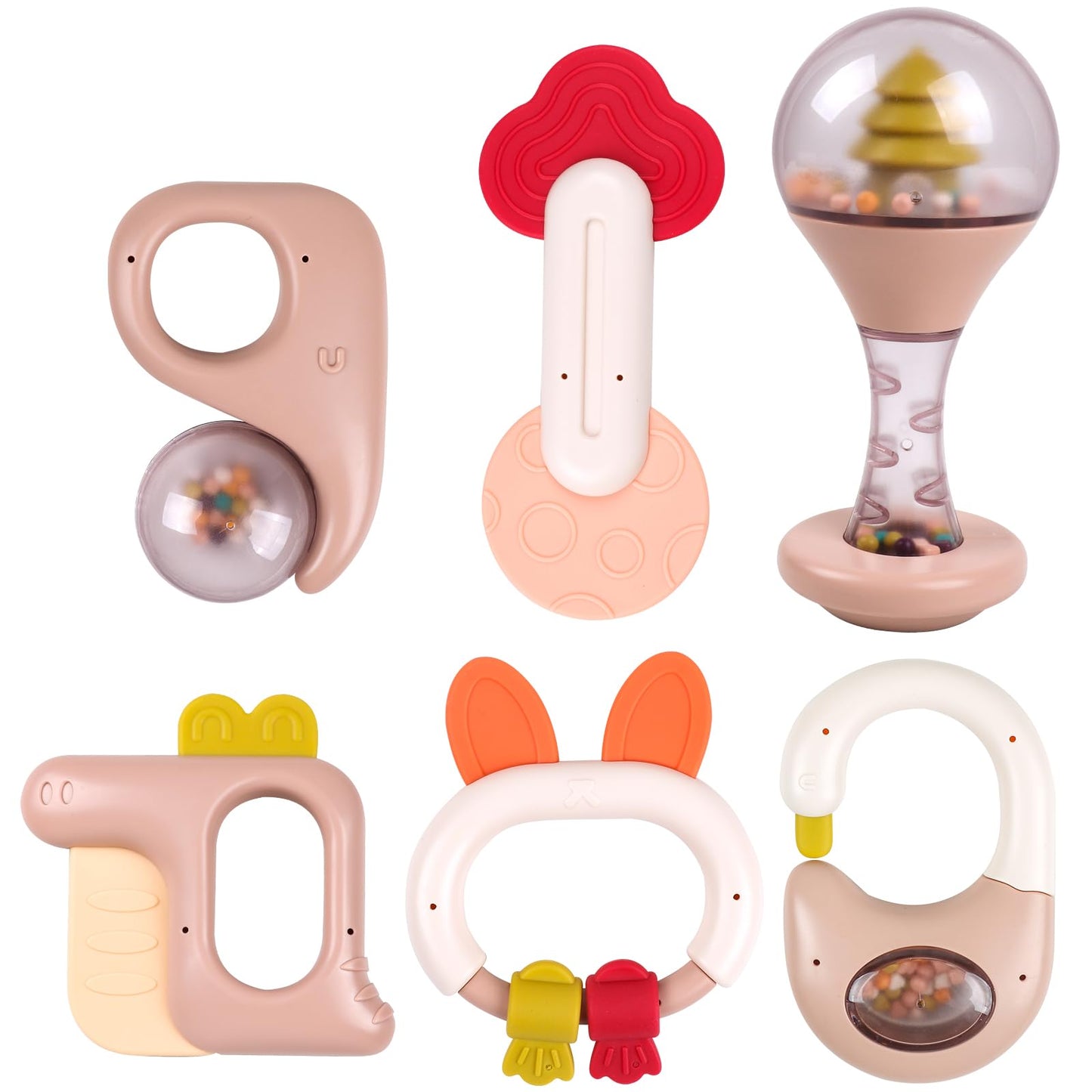 Teether for Babies, Baby Teething Toys with Rattle Toy, 6 Pieces Early Educational Sensory Toys for 3 6 9 12 Months Boys and Girls.