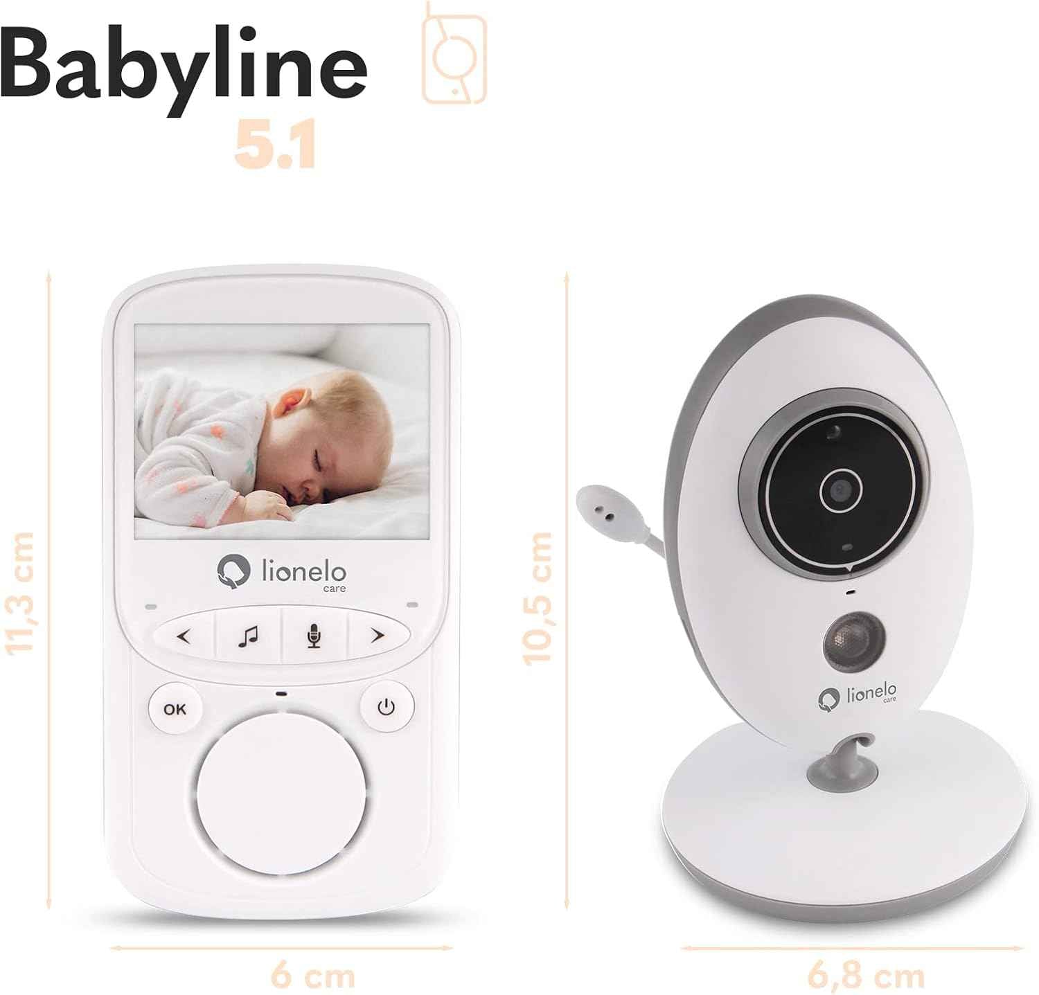 Lionelo Babyline 5.1 Baby Monitor with Camera Two-Way Communication Range of 300 Metres Two Cameras in Set Night Mode VOX System Warning System 8 Melodies White
