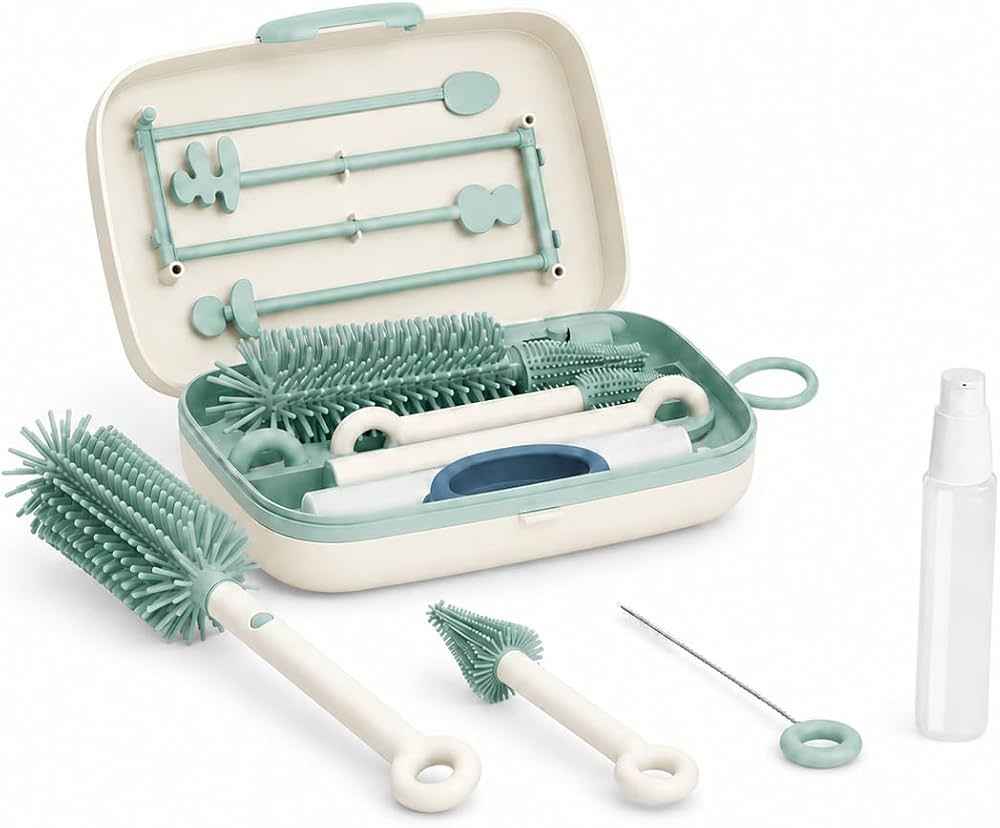 Momcozy 7-in-1 Silicone Baby Bottle Cleaning Set with Dish Drainer. - Adenzo Comfies