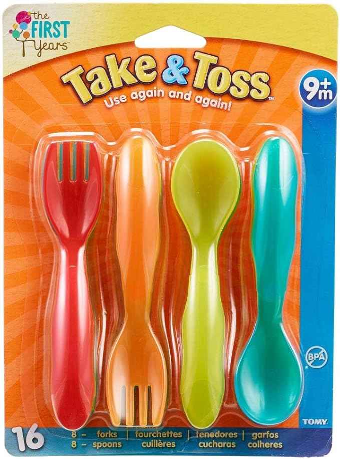 TOMY The First Years Take & Toss Flatware for Kids, 16 Pieces, Multicolor - Adenzo Comfies