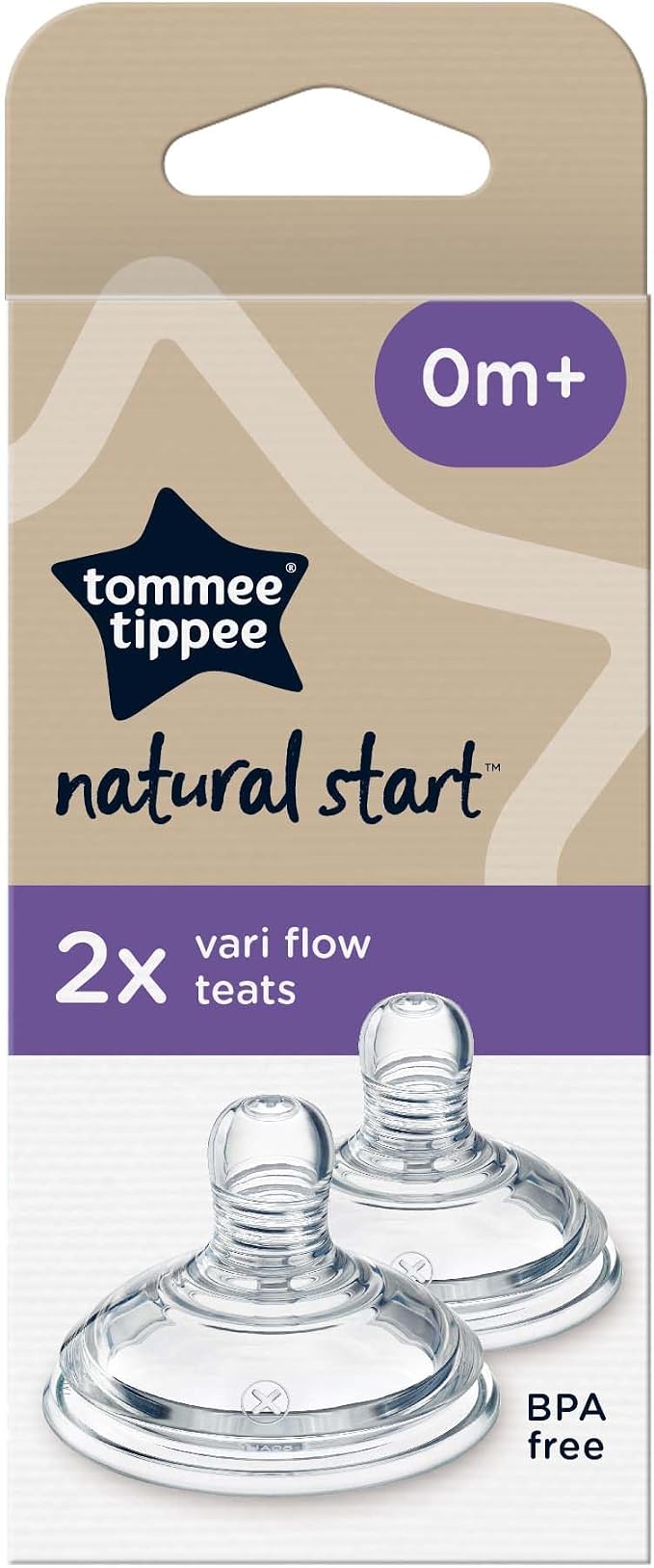 Tommee Tippee Natural Start Baby Bottle Teats, Vari Flow, 0+ Months, Breast-Like for a Natural Latch, Anti-Colic Valve, Soft Silicone, Pack of 2.
