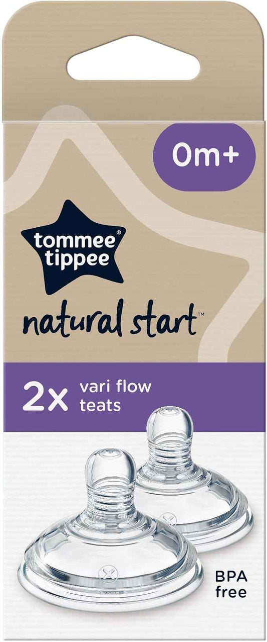 Tommee Tippee Natural Start Baby Bottle Teats, Vari Flow, 0+ Months, Breast-Like for a Natural Latch, Anti-Colic Valve, Soft Silicone, Pack of 2.