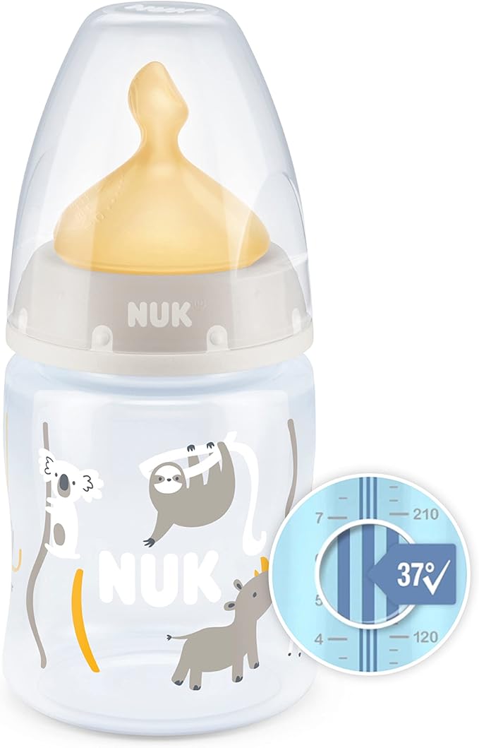 NUK First Choice+ Baby Bottle | 0 - 6 Months | Temperature Control | Anti Colic Vent | 150 ml | BPA - Free | Latex Teat - Adenzo Comfies