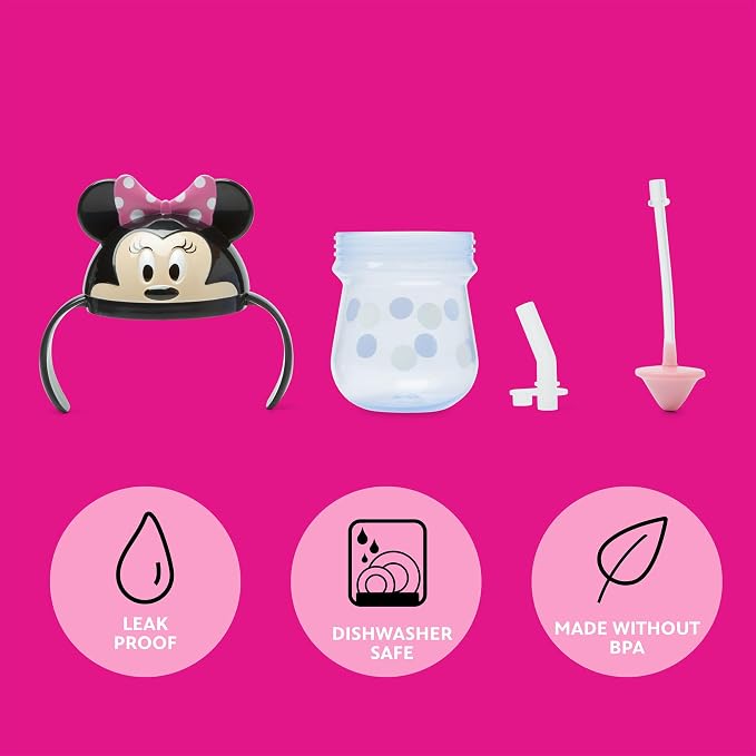 The First Years Disney Minnie Mouse Weighted Straw Cup - Spill Proof Toddler Cups with Flip Top Cover and Silicone Straw - Dishwasher Safe - 207ml - 9 Months and Up - Adenzo Comfies