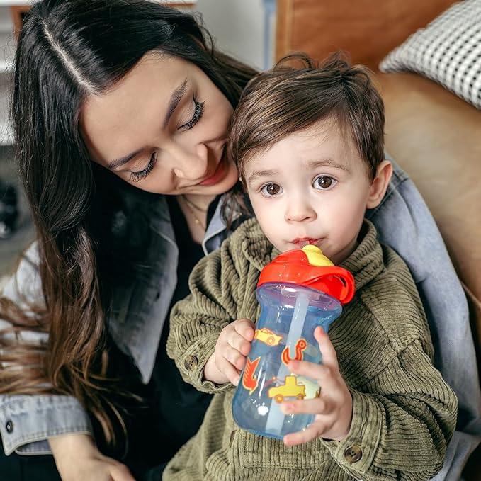 The First Years Disney/Pixar Cars Toddler Straw Cup - Spill Proof Flip Top Toddler Sippy Cups - 18 Months and Up - 10 Oz - Adenzo Comfies