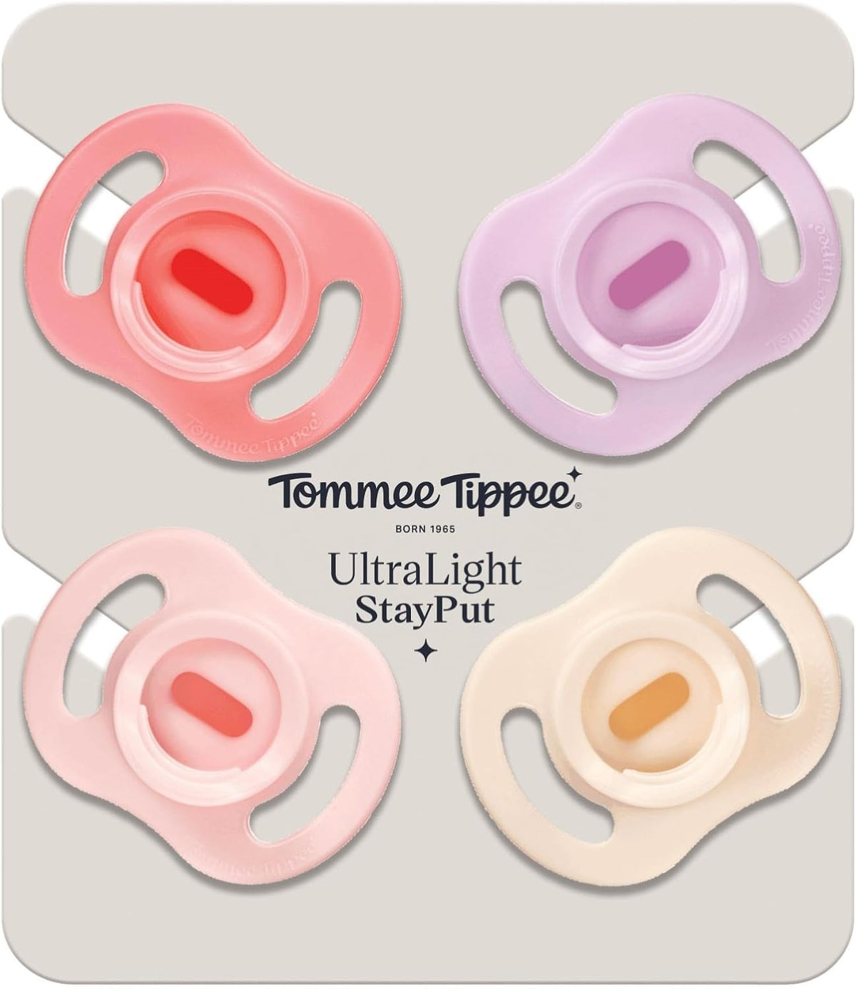 Tommee Tippee Ultra-Light StayPut Dummy 0-6m Silicone Pack of 4.