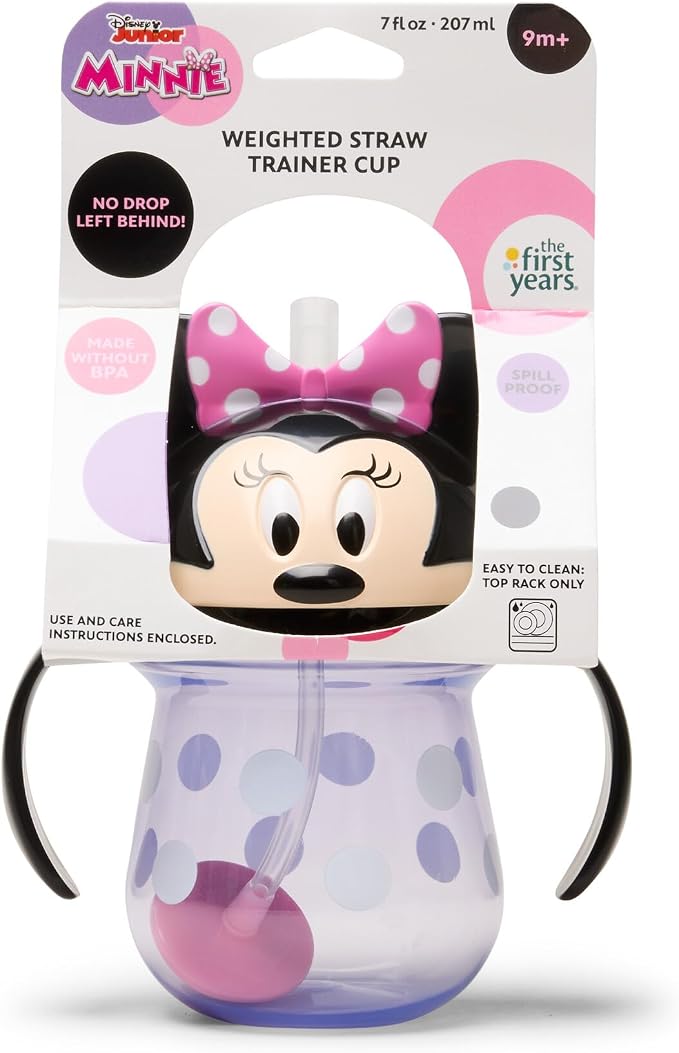 The First Years Disney Minnie Mouse Weighted Straw Cup - Spill Proof Toddler Cups with Flip Top Cover and Silicone Straw - Dishwasher Safe - 207ml - 9 Months and Up - Adenzo Comfies