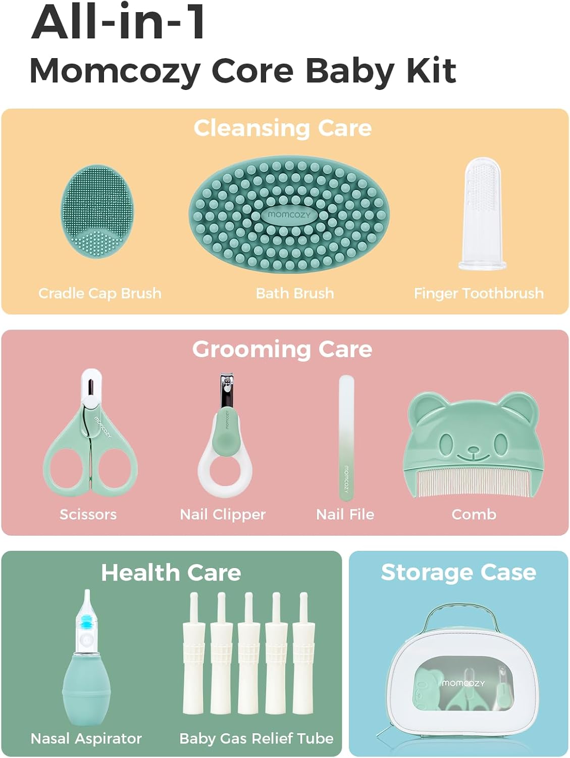 Momcozy Core Baby Kit, Baby Shower & Registry Essential Kit for Grooming&Health&Cleansing Care, Includes Nail File Kits, Nasal Aspirator, Gas Relief Tubes, Bath Brushes, Toothbrush, Comb, Storage Case - Adenzo Comfies