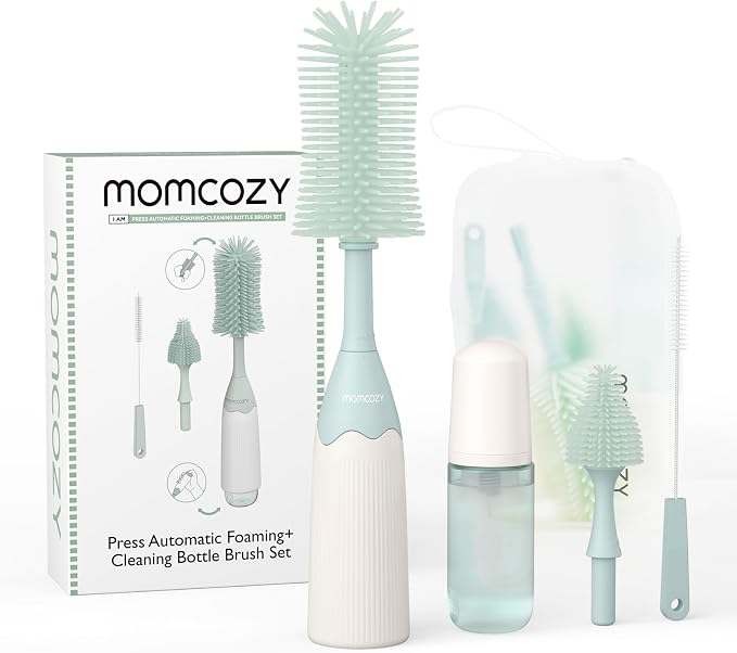 Momcozy Baby Bottle Cleaning Kit - 7 in 1 Bottle Brush Set with Silicone, Nipple, Straw Brushes, Soap Dispenser, and Drying Rack - Adenzo Comfies