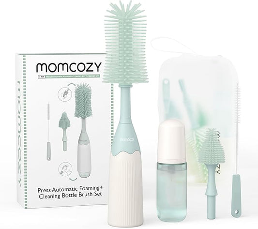 Momcozy Baby Bottle Cleaning Kit - 7 in 1 Bottle Brush Set with Silicone, Nipple, Straw Brushes, Soap Dispenser, and Drying Rack - Adenzo Comfies