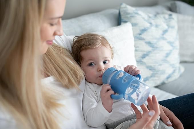 Dr. Brown's Milestones Wide-Neck Sippy Bottle with 100 Percent Silicone Handles, Easy-Grip Bottle with Soft Sippy Spout, 9oz/270ml, 6m+, Light Blue, 1-Pack, BPA Free. - Adenzo Comfies