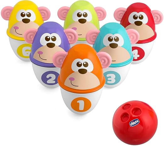 Chicco Monkey Strike Kids Bowling Pin Set - Skittles Game for Kids with 6 Separable Pins, Stackable in 12 Pieces, Light Ball Included - Bowling Skittles Toys, Gifts for Children 18 Months to 8 Years