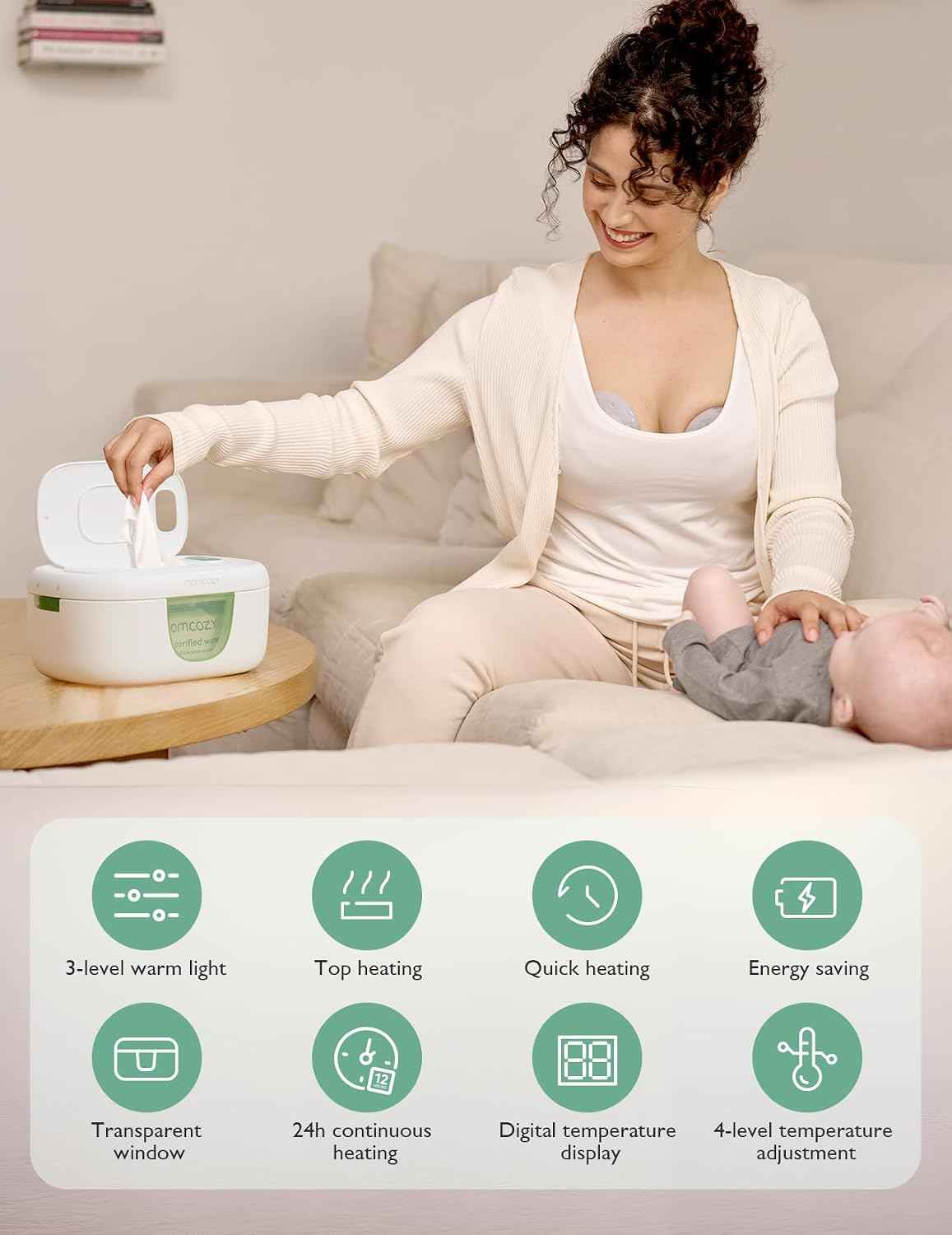 Momcozy Baby Wipe Warmer, Innovative Spring Design,Large Capacity Dispenser | Wipe Warmer with Night Light, Fast and Even Heating.
