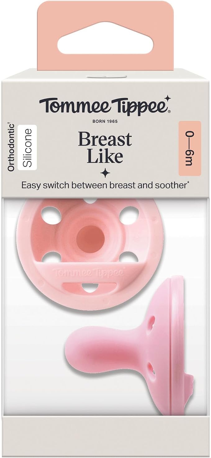 Tommee Tippee Breast-Like Soother, Lightweight, One-piece Silicone Design, Symmetrical Teat, 0-6m, 2 Pack.