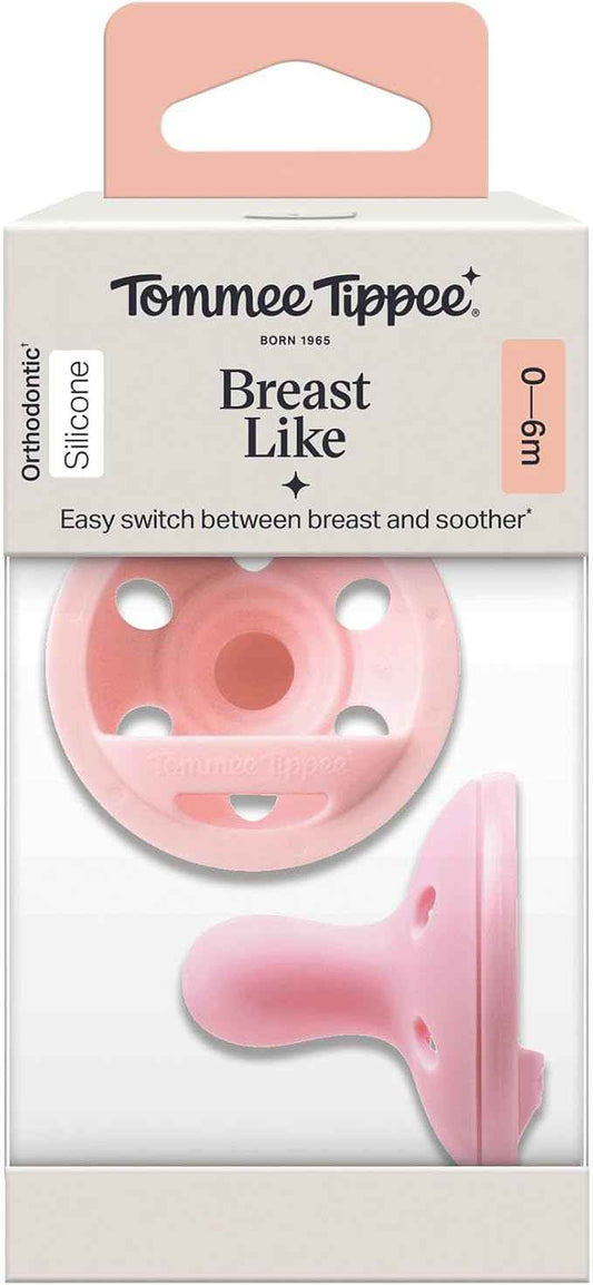 Tommee Tippee Breast-Like Soother, Lightweight, One-piece Silicone Design, Symmetrical Teat, 0-6m, 2 Pack.