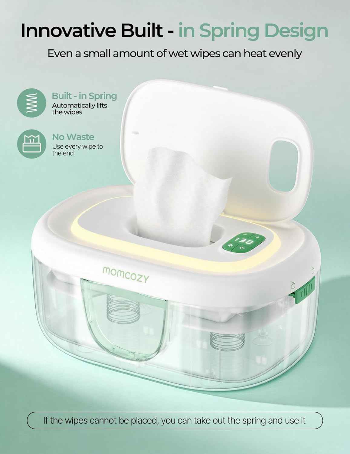 Momcozy Baby Wipe Warmer, Innovative Spring Design,Large Capacity Dispenser | Wipe Warmer with Night Light, Fast and Even Heating.