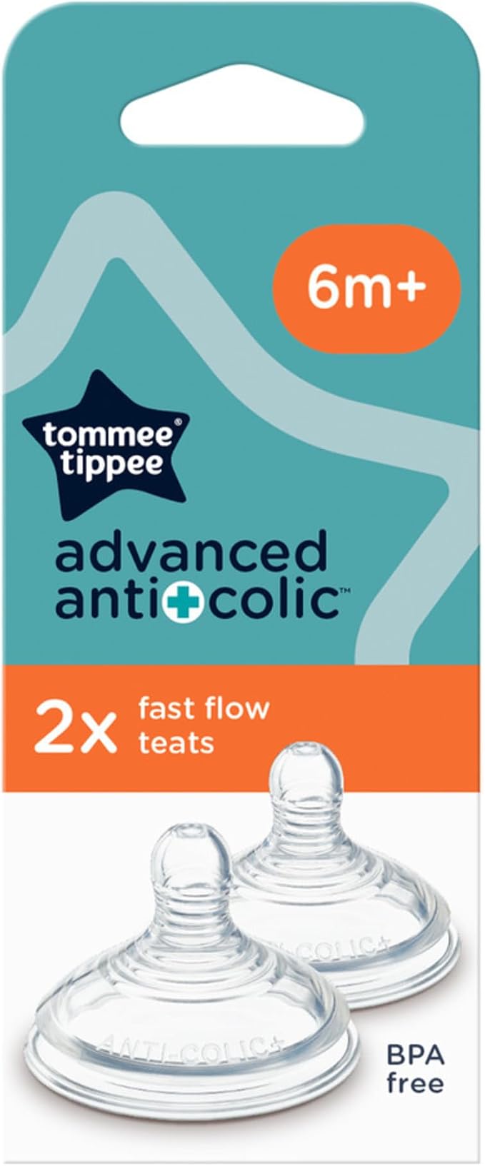 Tommee Tippee Advanced Drip Free Baby Bottle Teats, Fast Flow, 6+ Months, Breast Like for Natural Support, Anti-Colic Valve, Soft Silicone (Pack of 2).