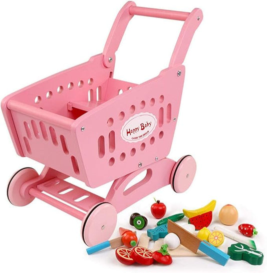 Shopping Cart Kids Wooden Supermarket Trolley is suitable for 36 months infants over kids toys Pretend Shopshop Pretend Play Indoor & Outdoor Play Hand Truck Educational Toy (Color: Pink, Size: 15.7 x 16.1 x 9.4 inches (40 x 41 x 24 cm) - Adenzo Comfies