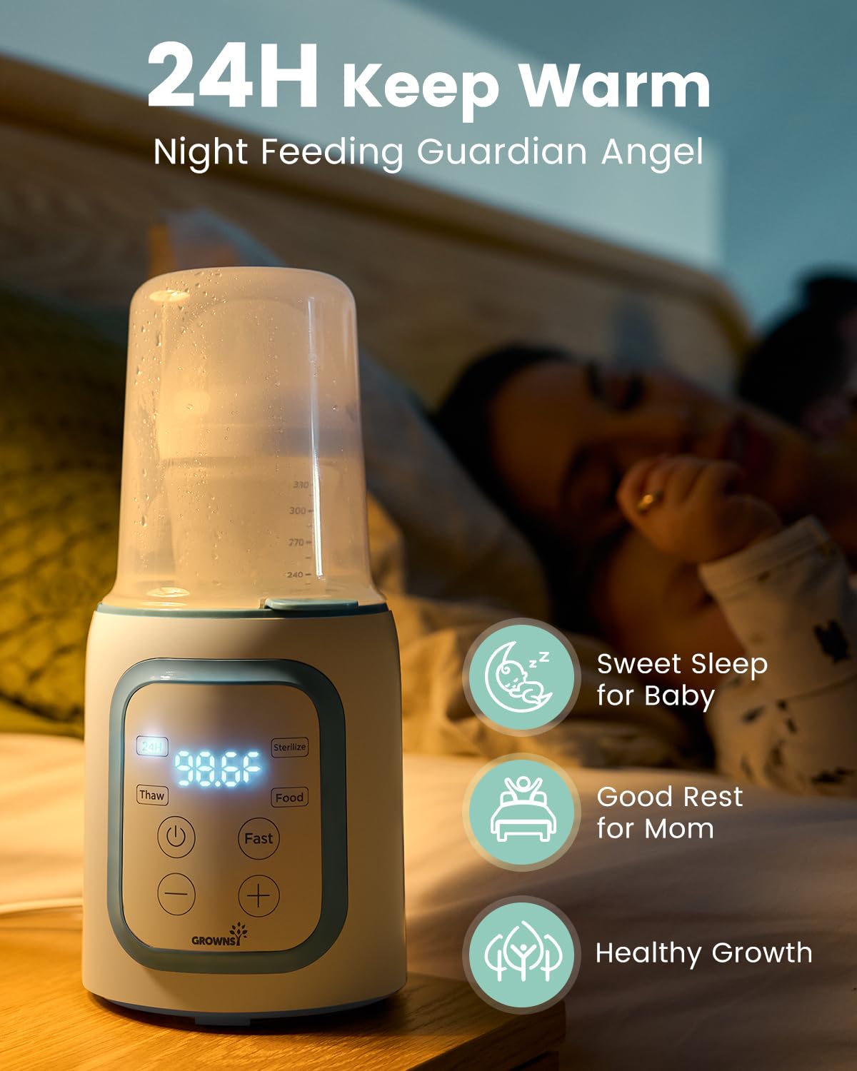 Grownsy Bottle Warmer, 8-in-1 Fast Baby Milk Warmer with Timer for Breastmilk or Formula, Accurate Temperature Control, Multifunctional Baby Bottle Warmers for All Bottles