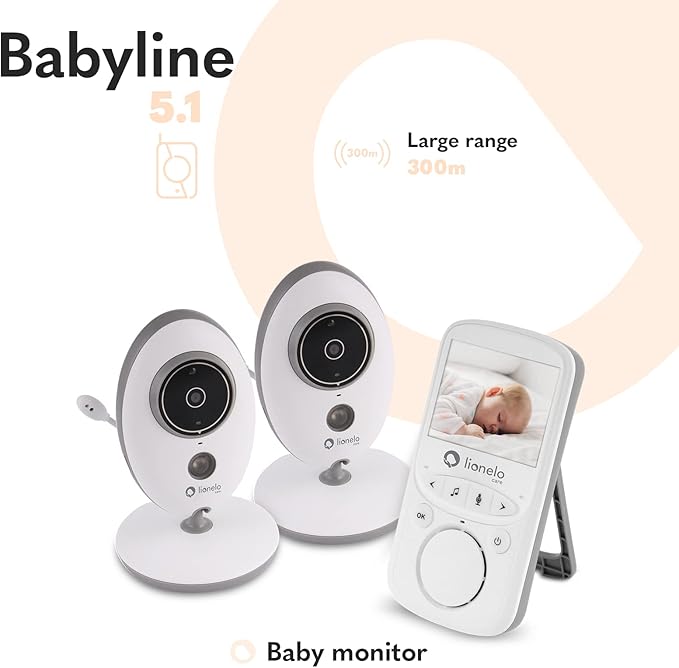 Lionelo Babyline 5.1 Baby Monitor with Camera Two-Way Communication Range of 300 Metres Two Cameras in Set Night Mode VOX System Warning System 8 Melodies White