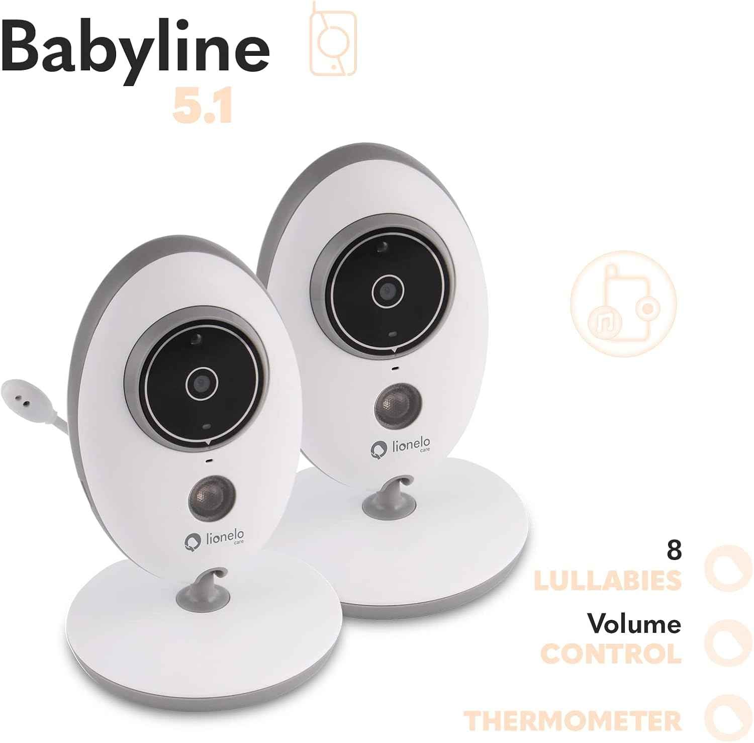 Lionelo Babyline 5.1 Baby Monitor with Camera Two-Way Communication Range of 300 Metres Two Cameras in Set Night Mode VOX System Warning System 8 Melodies White