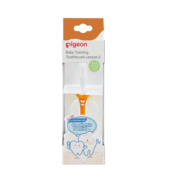Pigeon Baby Training Toothbrush Lesson 2,for 8-12 Month Babies/4-8 Month Milk Teeth Babies,Orange.