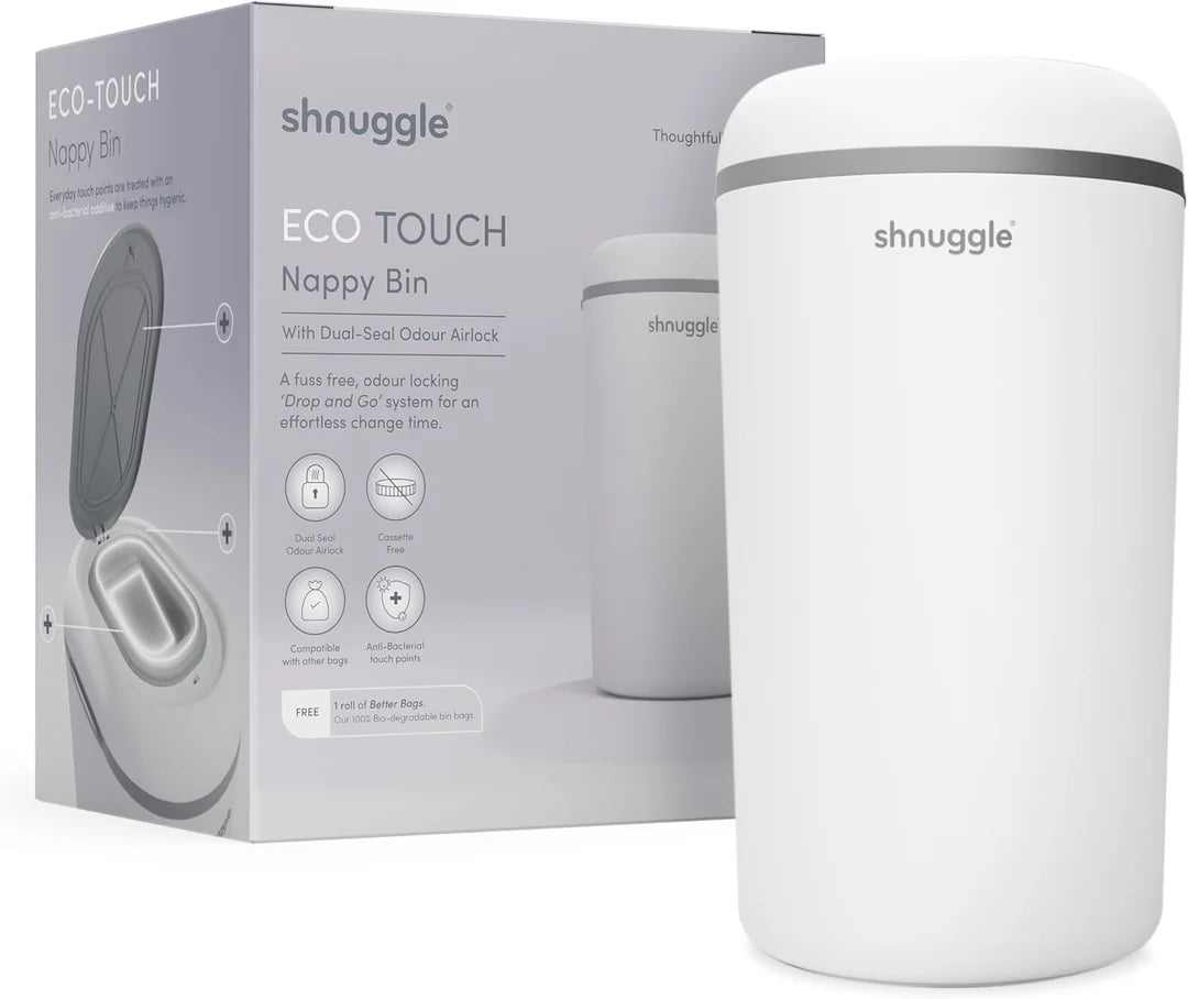 Shnuggle Eco-Touch Nappy Bin (Diaper Pail) | Eco-Friendly Nappy Disposal System | No Costly Refills – Use Any Bag | Dual-Seal Odour Lock | Easy-Clean, One-Hand Drop-and-Go Bin - Adenzo Comfies