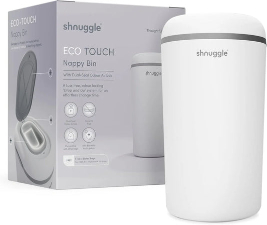 Shnuggle Eco-Touch Nappy Bin (Diaper Pail) | Eco-Friendly Nappy Disposal System | No Costly Refills – Use Any Bag | Dual-Seal Odour Lock | Easy-Clean, One-Hand Drop-and-Go Bin - Adenzo Comfies