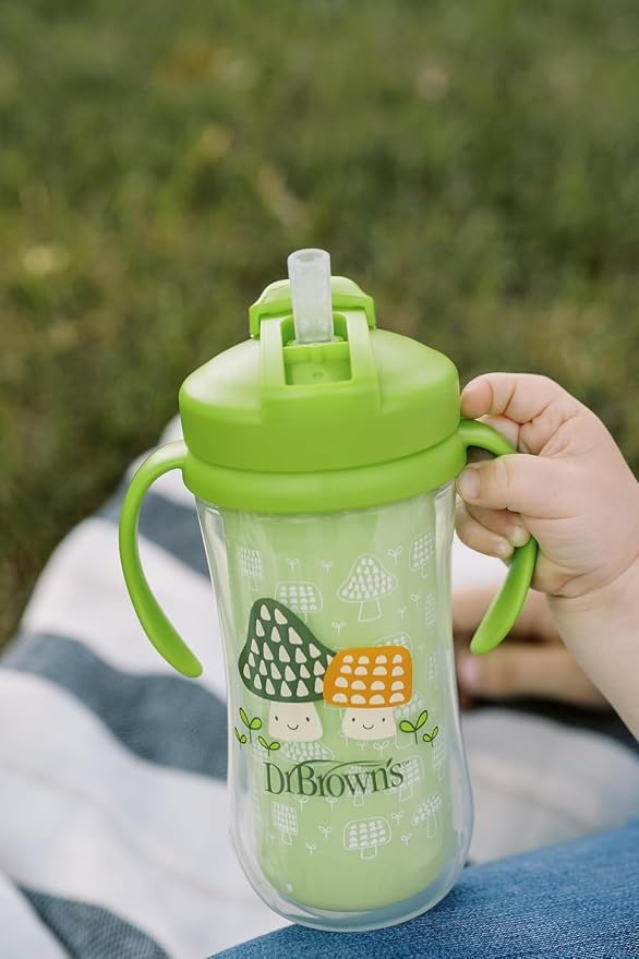 Dr. Brown’s Milestones Insulated Sippy Cup with Straw and Handles, Green Mushrooms, Spill-Proof Tumbler with Lid, 10 oz/300 mL, BPA Free, 12m+. - Adenzo Comfies
