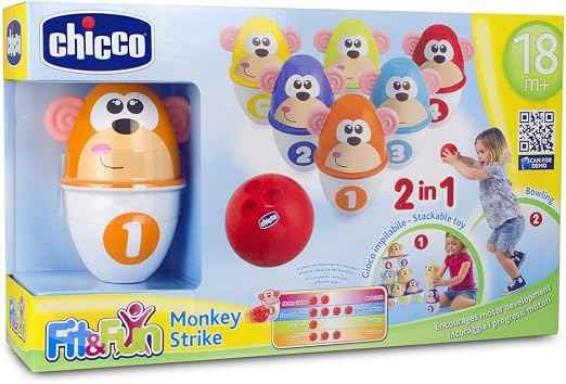 Chicco Monkey Strike Kids Bowling Pin Set - Skittles Game for Kids with 6 Separable Pins, Stackable in 12 Pieces, Light Ball Included - Bowling Skittles Toys, Gifts for Children 18 Months to 8 Years