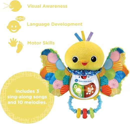 Vtech Baby Rattle & Shake Birdie, English | Shake for sound effects and press 2 light-up buttons for phrases, 3 songs and 15 melodies. Ages 3-24months .