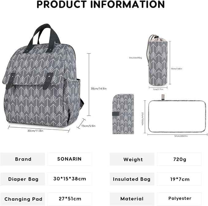 SONARIN Versatile Diaper Bag Backpack Shoulder Tote Bag Nappy Changing Bag Mummy Bag with Changing Pad & Insulated Bottle Bag