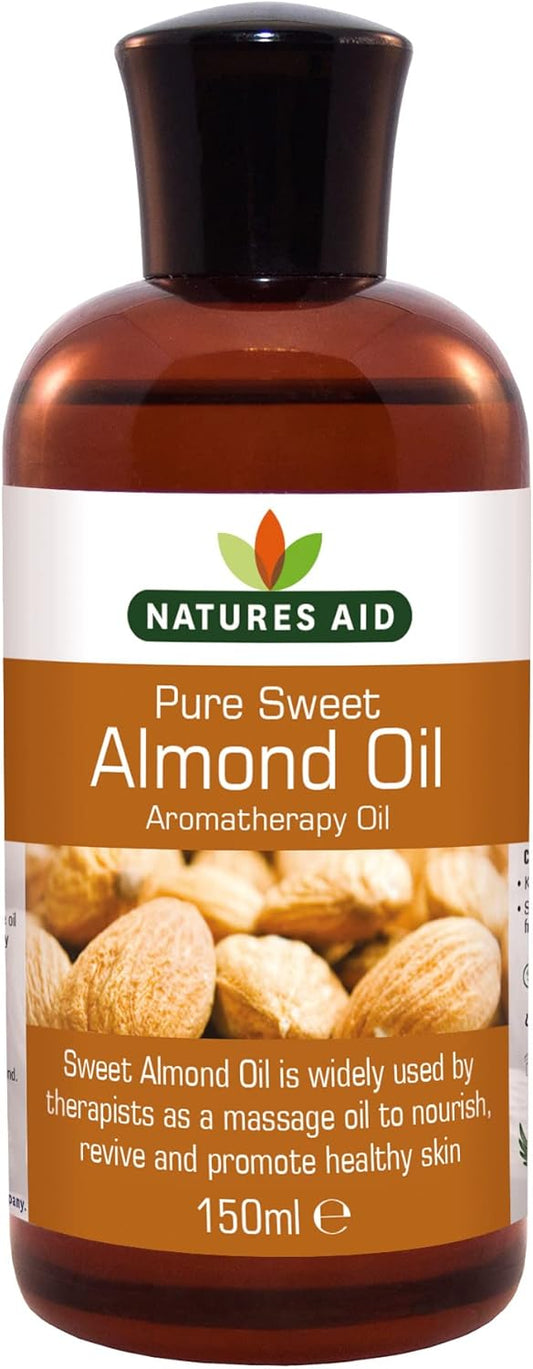 Natures Aid Sweet Almond Oil 150ml – 100% Pure Massage Aromatherapy Oil for Dry Sensitive or Irritated Skin – Vegan, Non-GMO, Gluten-Free – Hydrates, Soothes, Nourishes – Natural Skincare – Pack of 1