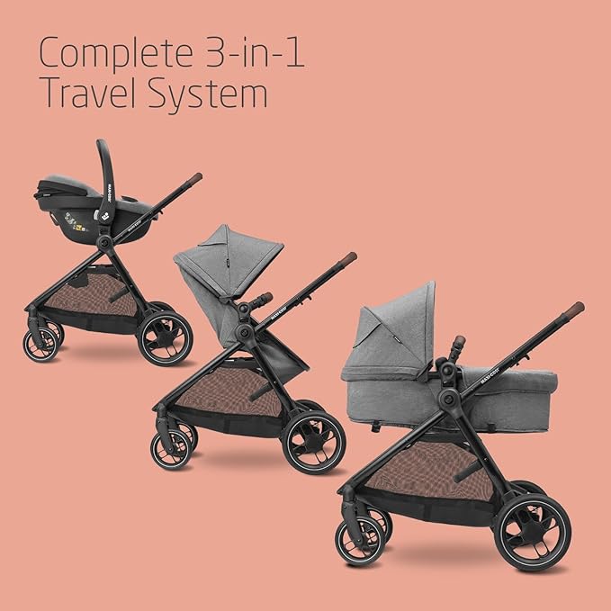 Maxi-Cosi Zelia S Trio 3-in-1 Prams Travel System, 0 - 4 Years, Up to 22 kg, Foldable, Compact and Reclining Baby Pushchair, with CabrioFix S i-Size Baby Car Seat, Accessories, Nursery Bag, Grey