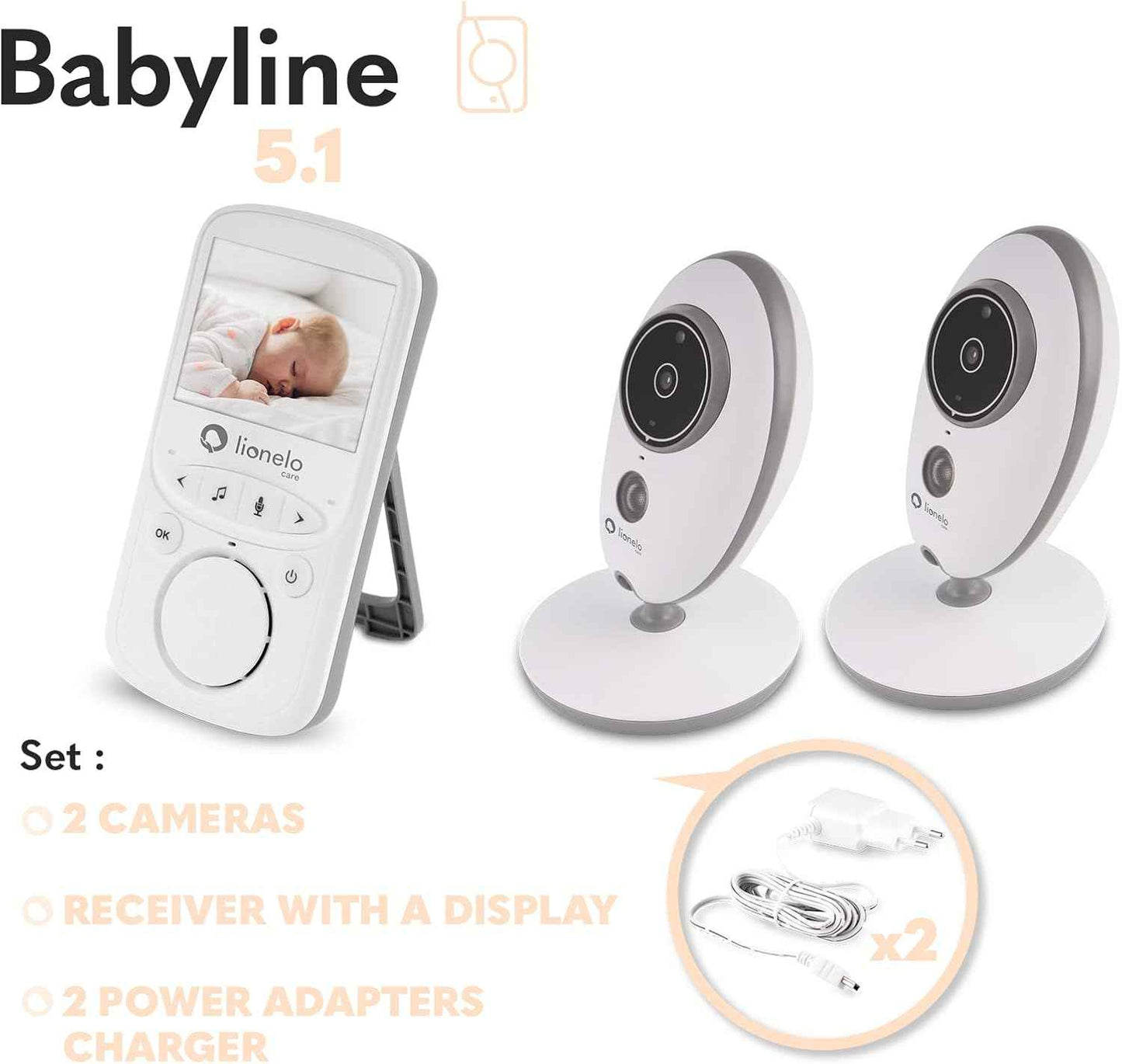 Lionelo Babyline 5.1 Baby Monitor with Camera Two-Way Communication Range of 300 Metres Two Cameras in Set Night Mode VOX System Warning System 8 Melodies White