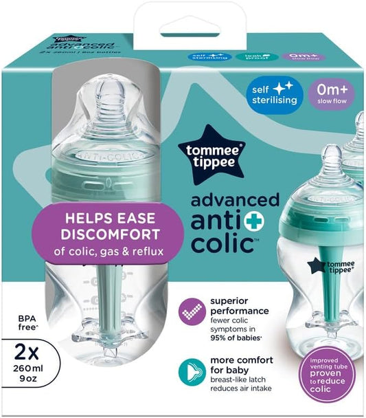 Tommee Tippee Baby Bottles Natural Start & Advanced Anti‑Colic, 2 pack 260ml (Slow Flow)