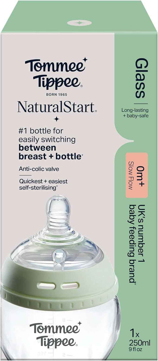 Tommee Tippee Natural Start Baby Bottle Glass Breast-Like Teat 0m+ 250ml. - Adenzo Comfies