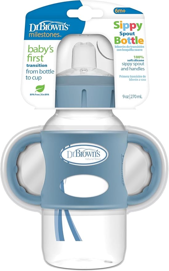Dr. Brown's Milestones Wide-Neck Sippy Bottle with 100 Percent Silicone Handles, Easy-Grip Bottle with Soft Sippy Spout, 9oz/270ml, 6m+, Light Blue, 1-Pack, BPA Free. - Adenzo Comfies