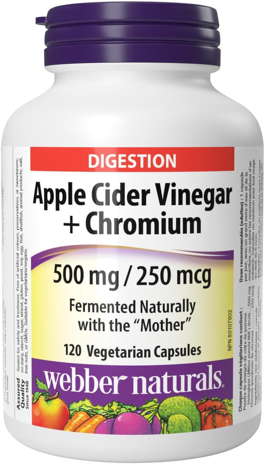Webber Naturals Apple Cider Vinegar with Chromium, 120 Capsules, Fermented Naturally with The Mother, Digestive Support, Sugar Free, Vegan