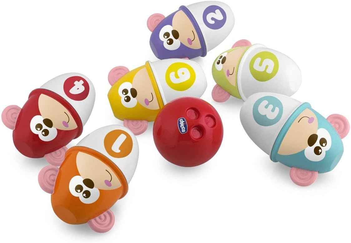 Chicco Monkey Strike Kids Bowling Pin Set - Skittles Game for Kids with 6 Separable Pins, Stackable in 12 Pieces, Light Ball Included - Bowling Skittles Toys, Gifts for Children 18 Months to 8 Years