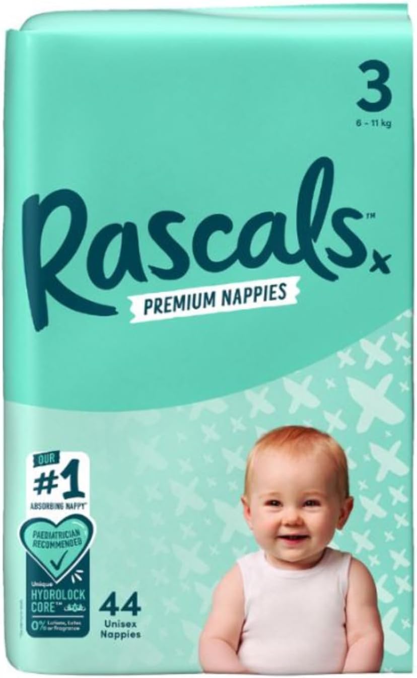 Rascals Premium Baby Diapers - Comfortable Waterproof Diapers for Babies Weighing 15-25 lbs - 44 Count - Soft & Soft Nappies Size 3. - Adenzo Comfies