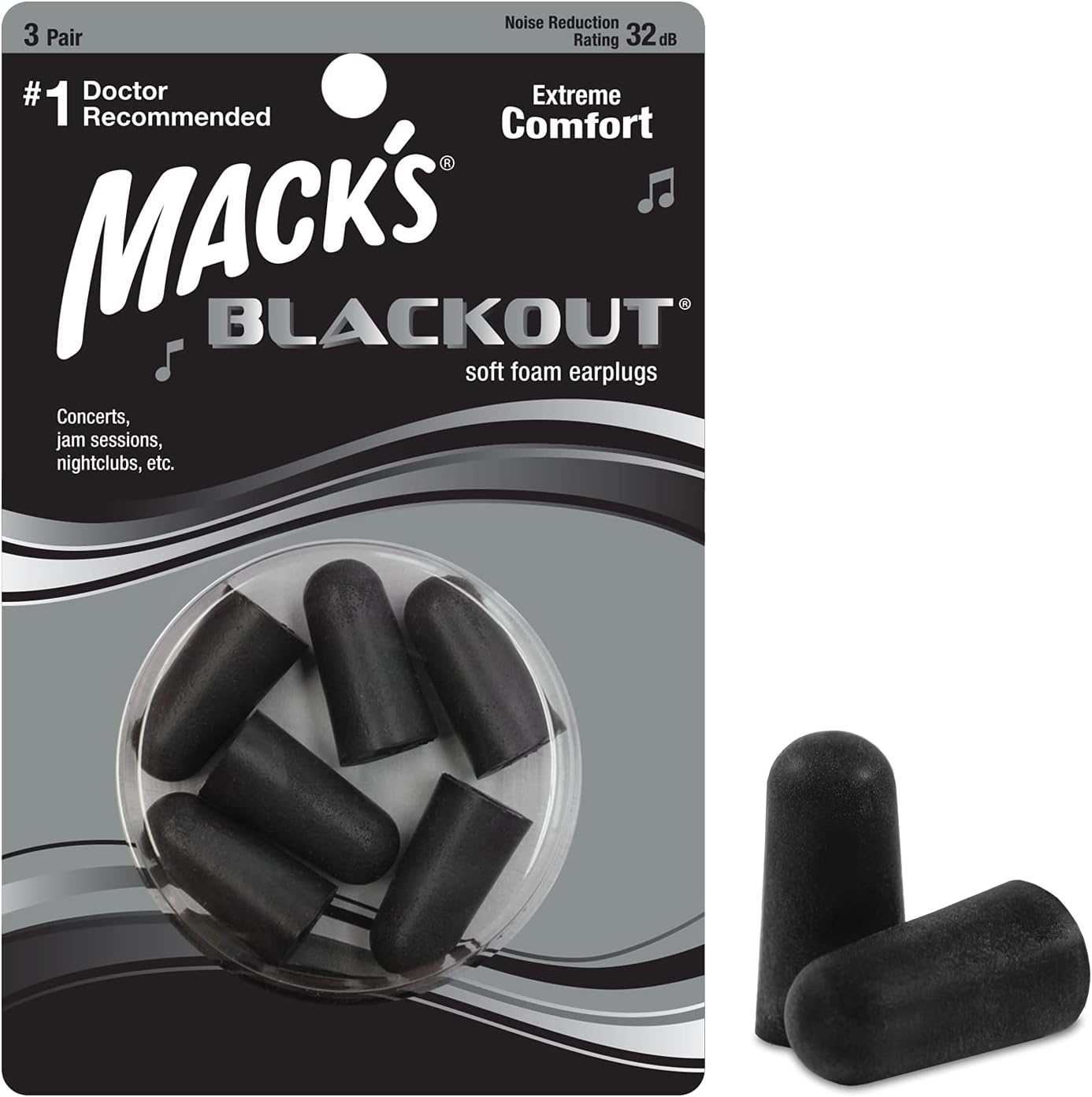 Mack's Blackout Soft Foam Earplugs, 3 Pair - 32 dB Highest NRR, Comfortable Ear Plugs for Concerts, Jam Sessions, Nightclubs, Loud Events and Shooting Sports