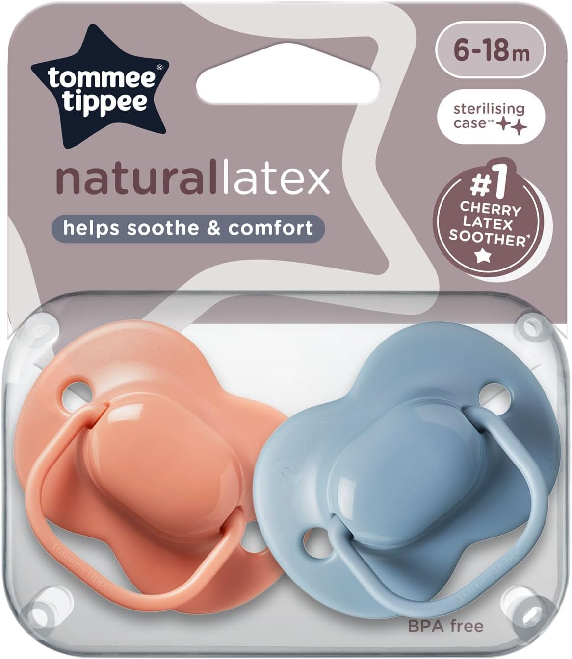 Tommee Tippee Cherry Latex Soother, 6-18 months, Coral and Blue, pack of 2 soothers with 100% natural latex baglet.