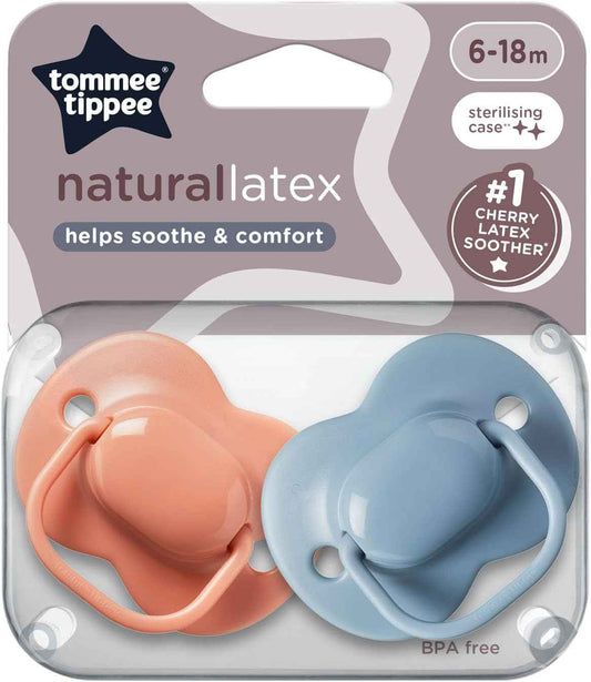 Tommee Tippee Cherry Latex Soother, 6-18 months, Coral and Blue, pack of 2 soothers with 100% natural latex baglet.
