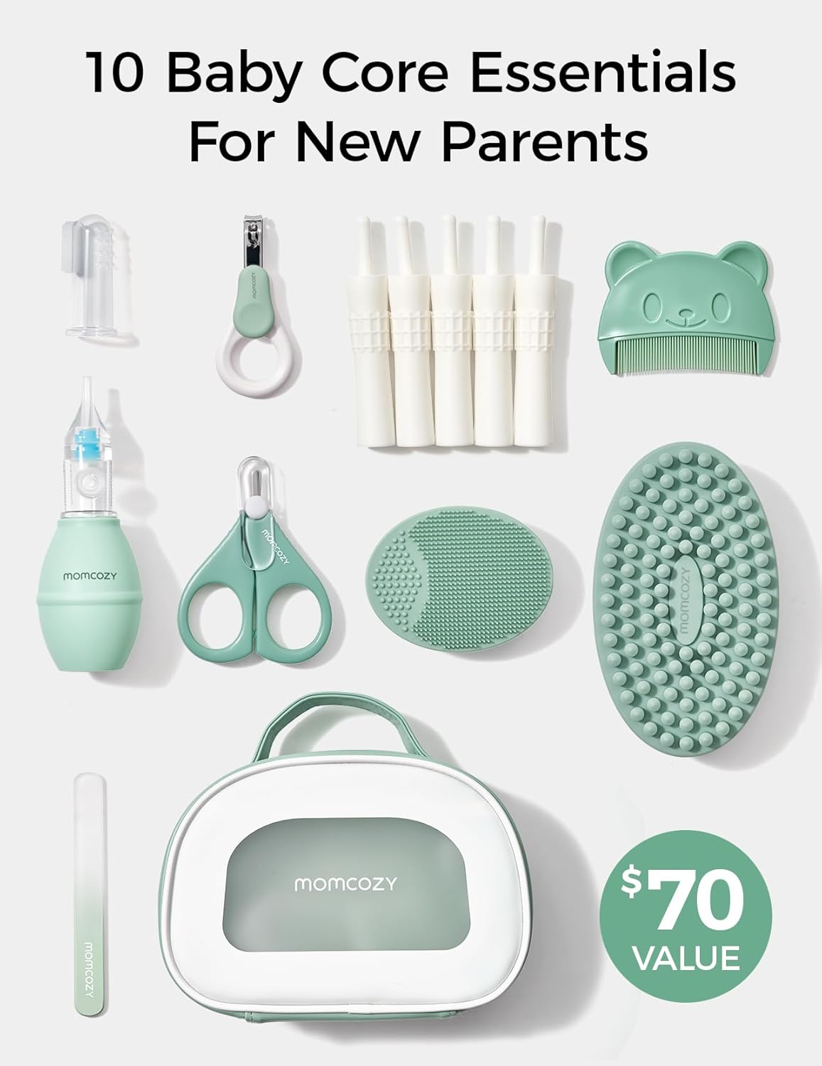 Momcozy Core Baby Kit, Baby Shower & Registry Essential Kit for Grooming&Health&Cleansing Care, Includes Nail File Kits, Nasal Aspirator, Gas Relief Tubes, Bath Brushes, Toothbrush, Comb, Storage Case - Adenzo Comfies