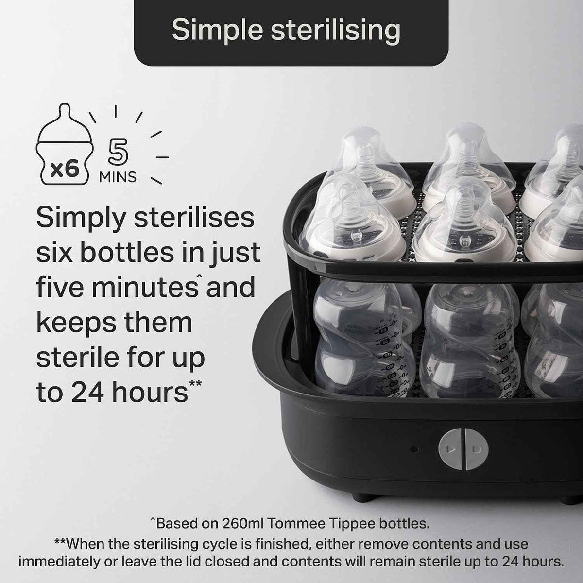 Tommee Tippee Electric Steam Baby Bottle Steriliser 5-Minute Cycle Black.
