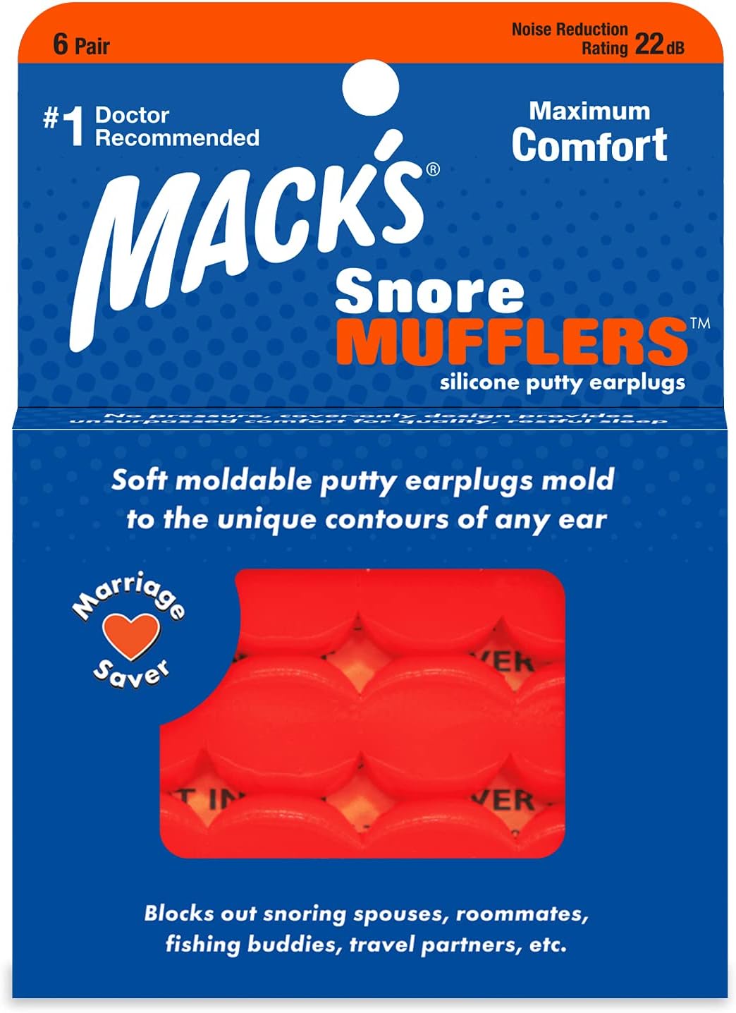 Mack's Snore Mufflers Silicone Putty Ear Plugs, 6 Pair - Comfortable, Moldable Silicone Ear Plugs for Sleeping, Snoring, Loud Noise & Traveling | Made in USA