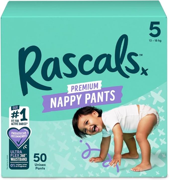 Rascals Premium Training Baby Diaper Pants - Easy Pull-Up Design Diaper Pants - Soft & Comfortable Diapers Pant Size 5 - Ultra Flex 360 Waistband 13-18 kg - 50 Count - Adenzo Comfies